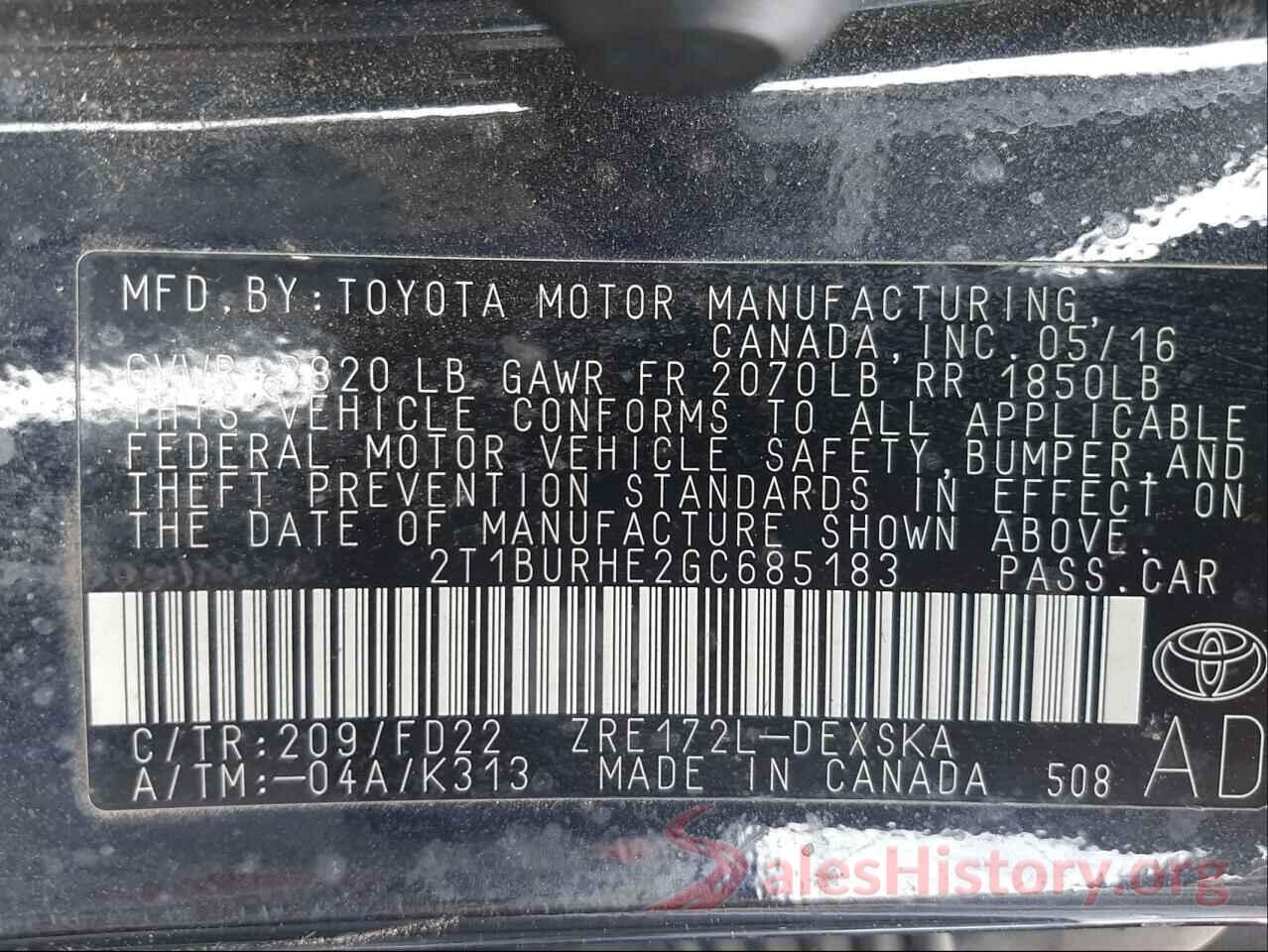 2T1BURHE2GC685183 2016 TOYOTA COROLLA