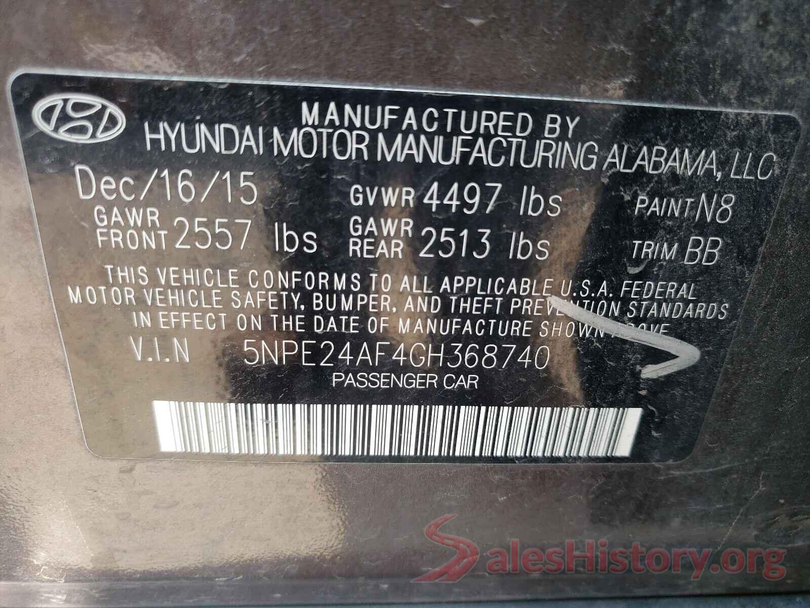 5NPE24AF4GH368740 2016 HYUNDAI SONATA