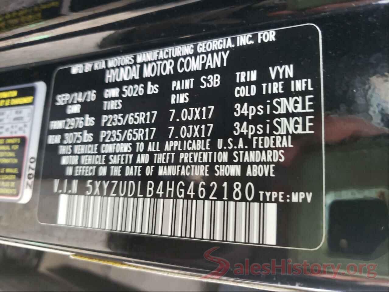 5XYZUDLB4HG462180 2017 HYUNDAI SANTA FE