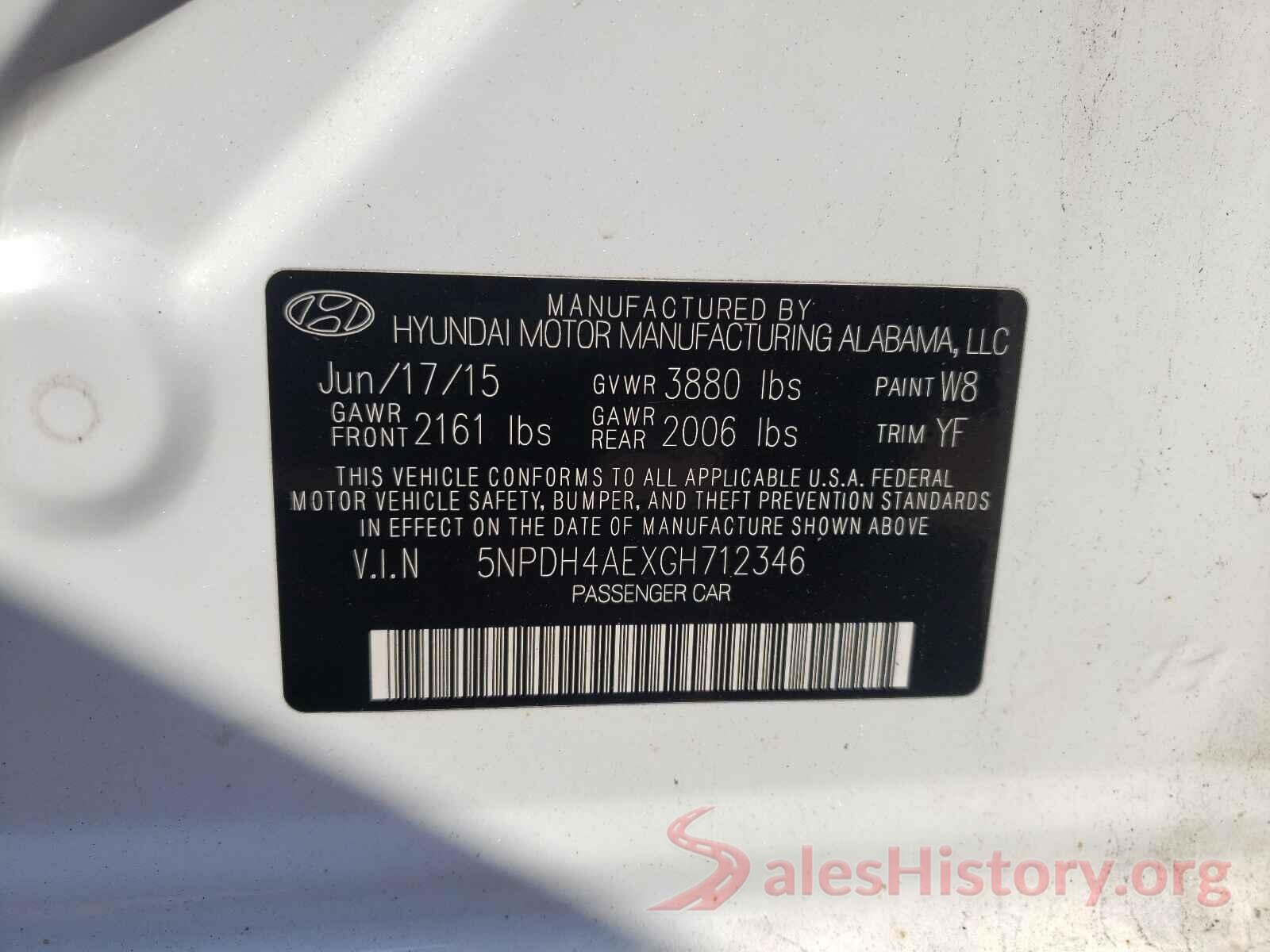 5NPDH4AEXGH712346 2016 HYUNDAI ELANTRA