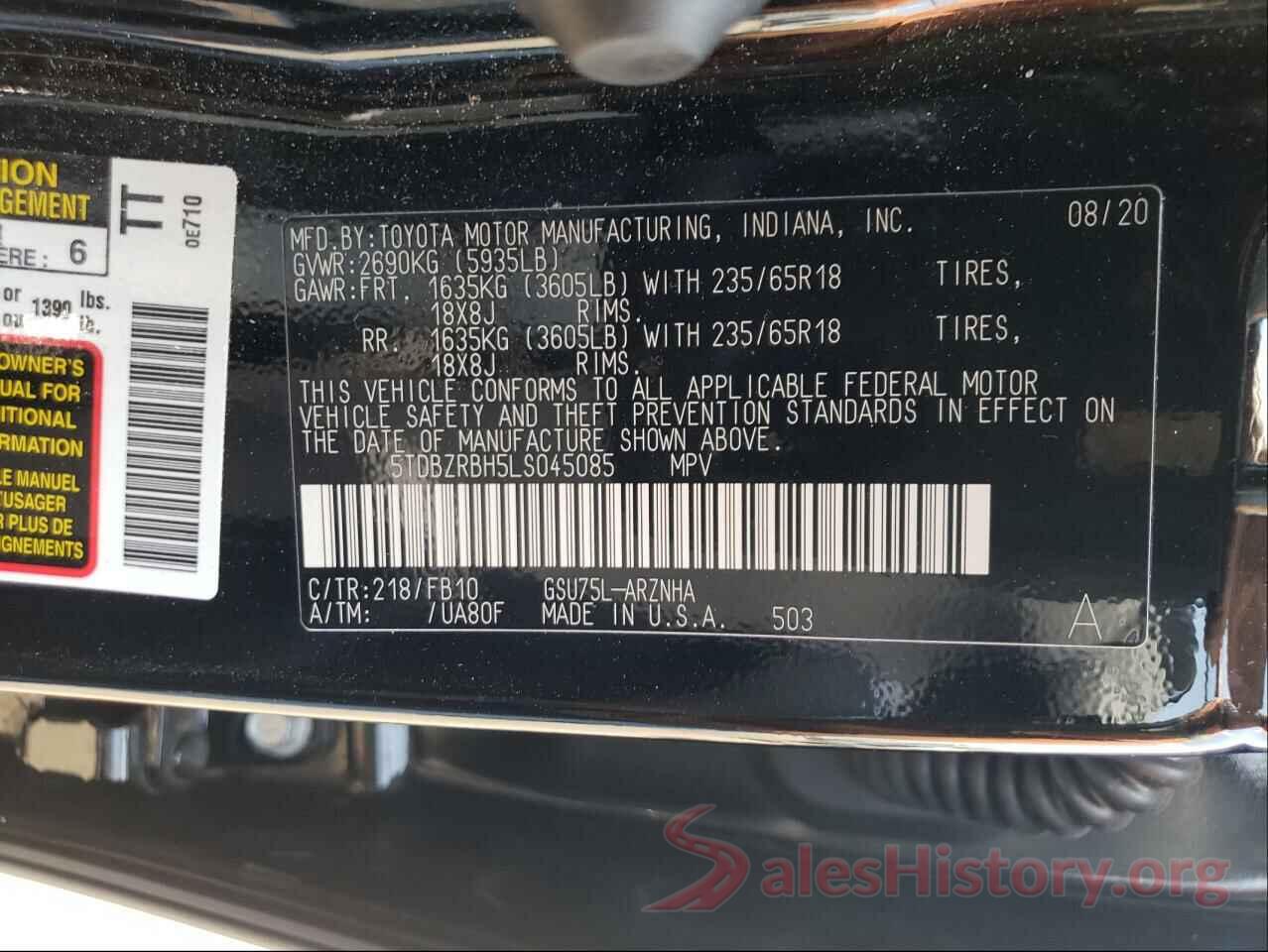 5TDBZRBH5LS045085 2020 TOYOTA HIGHLANDER