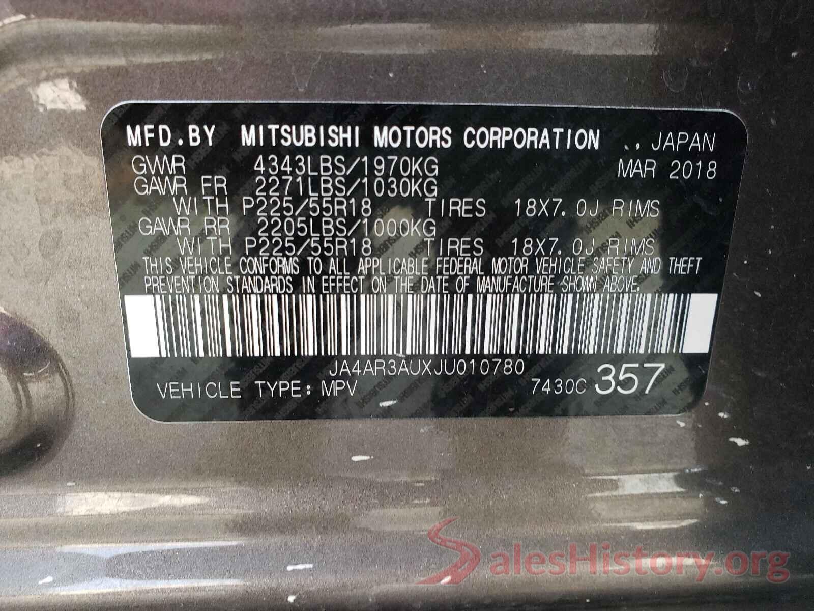 JA4AR3AUXJU010780 2018 MITSUBISHI OUTLANDER