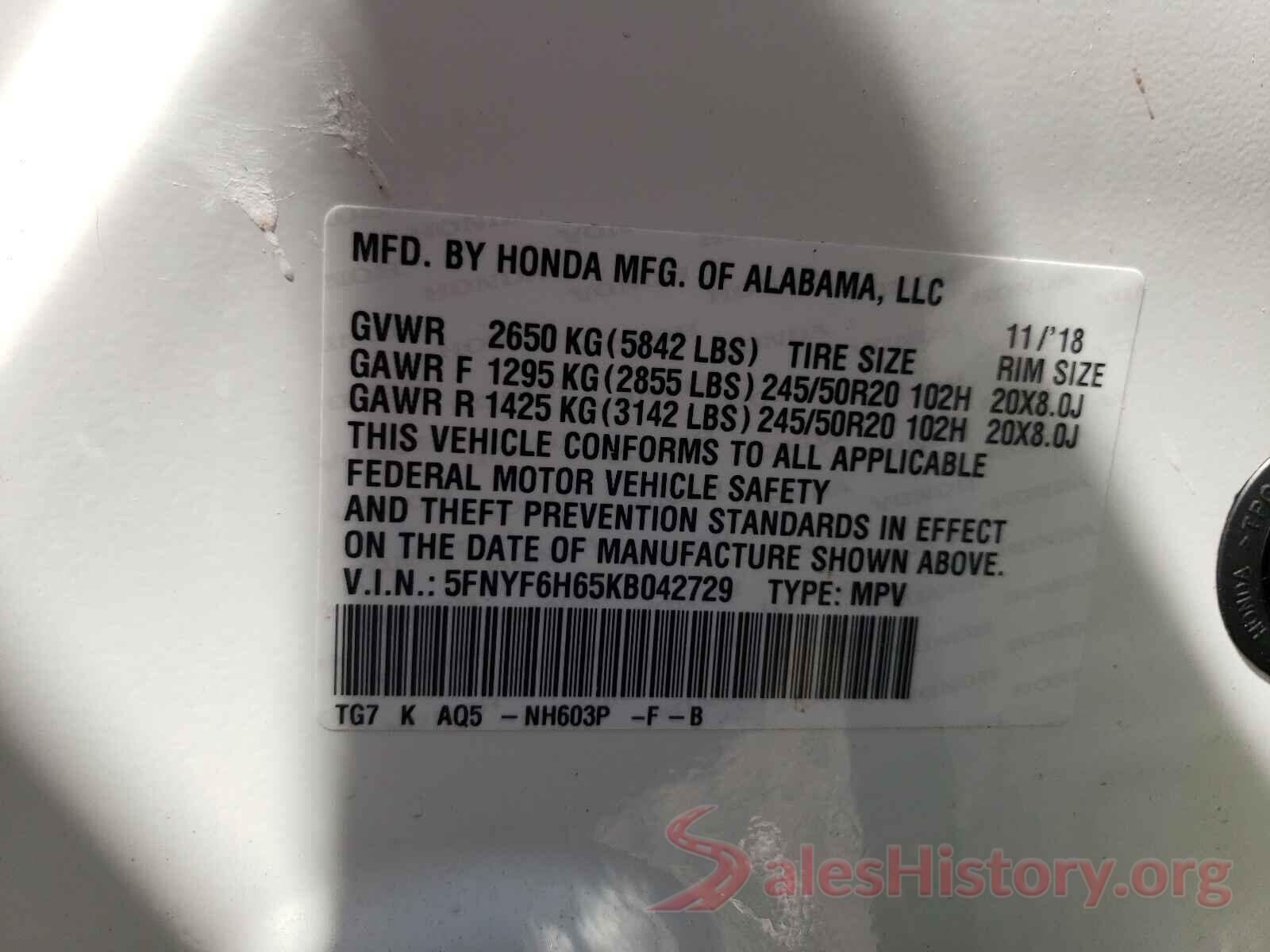 5FNYF6H65KB042729 2019 HONDA PILOT