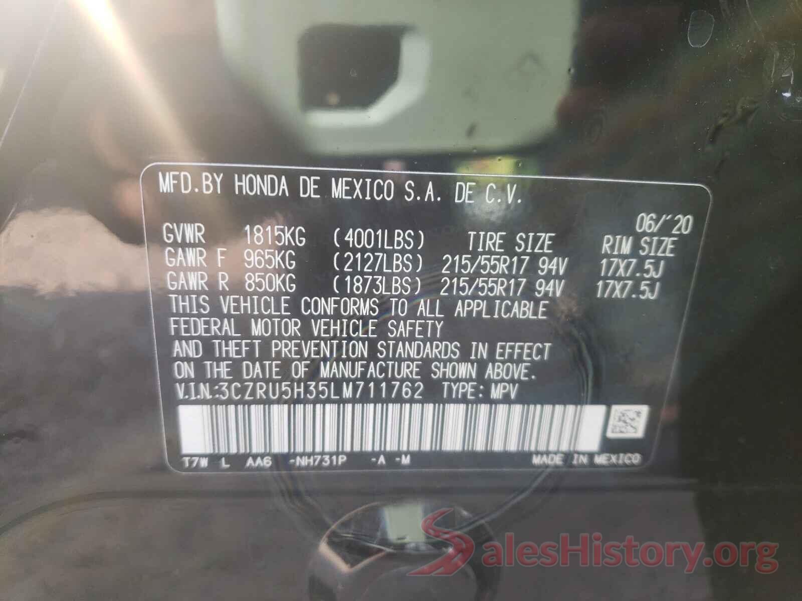 3CZRU5H35LM711762 2020 HONDA HR-V