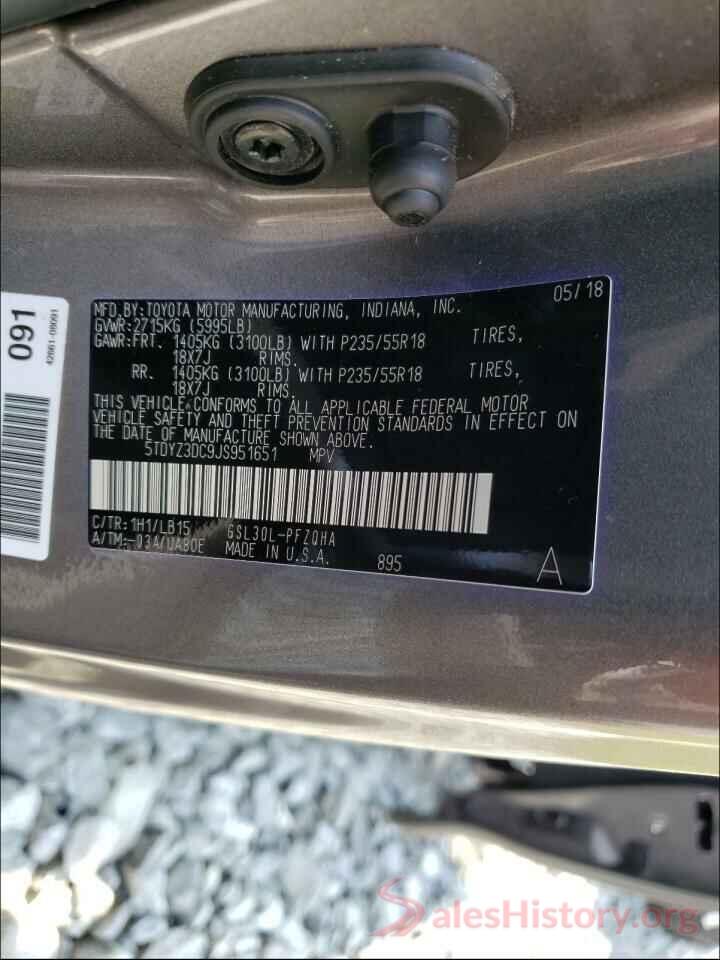 5TDYZ3DC9JS951651 2018 TOYOTA SIENNA