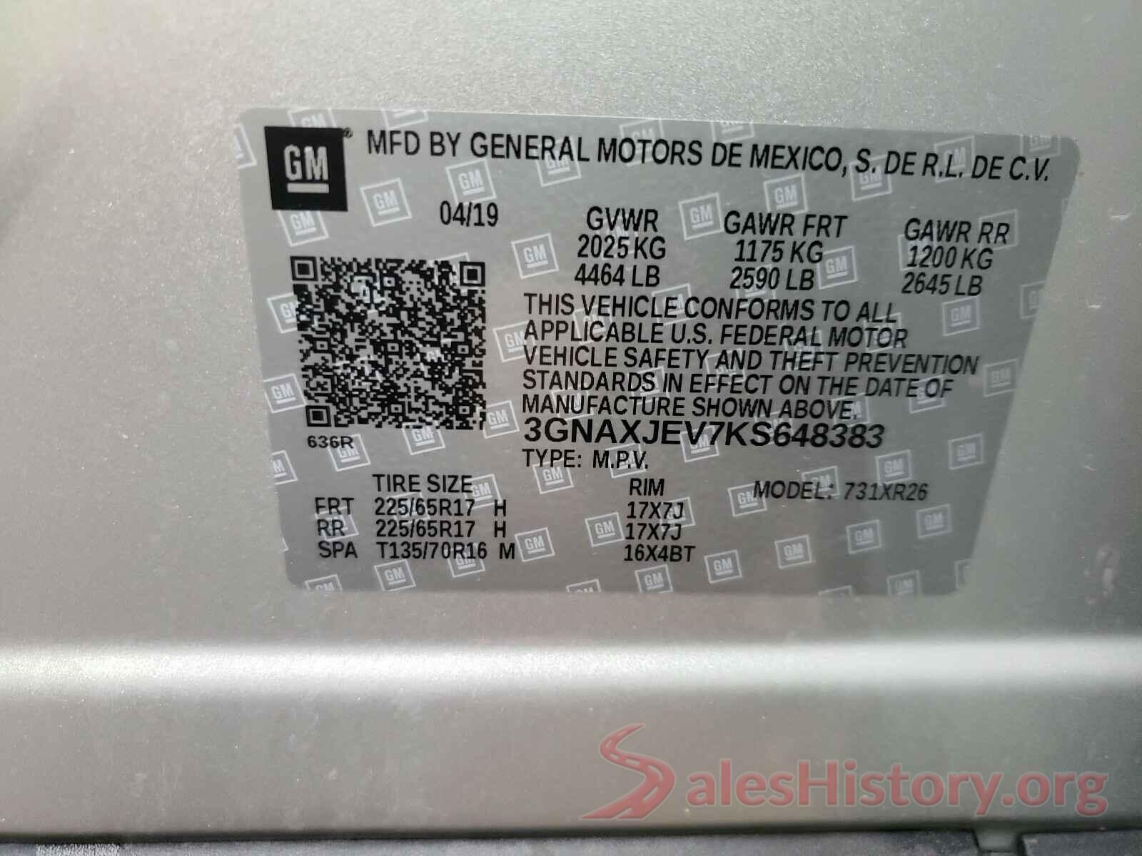 3GNAXJEV7KS648383 2019 CHEVROLET EQUINOX