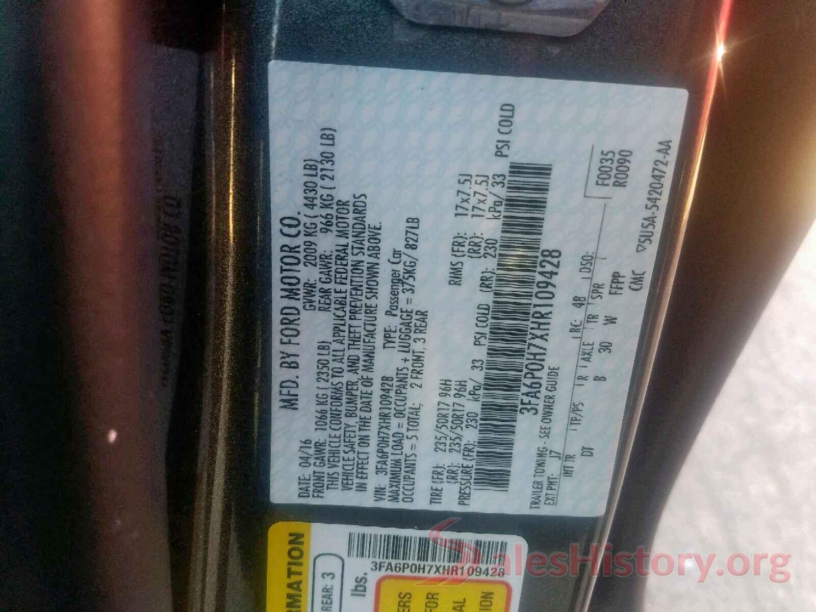 3FA6P0H7XHR109428 2017 FORD FUSION