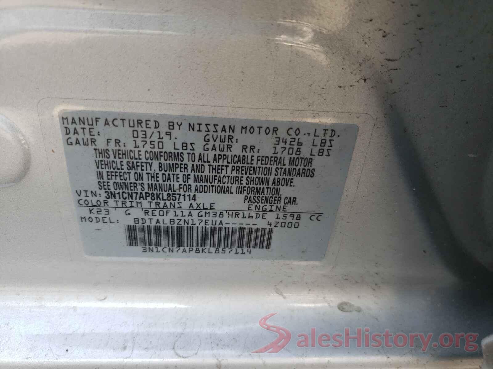 3N1CN7AP8KL857114 2019 NISSAN VERSA