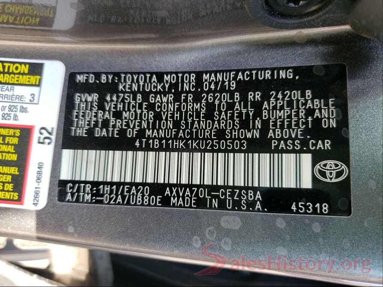 4T1B11HK1KU250503 2019 TOYOTA CAMRY