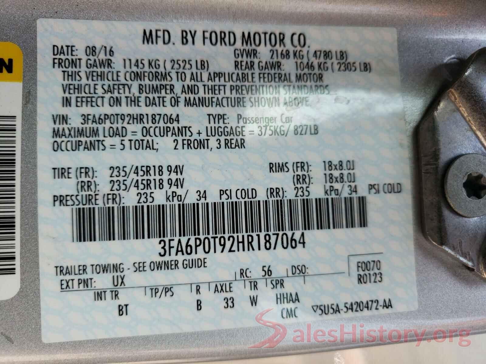 3FA6P0T92HR187064 2017 FORD FUSION