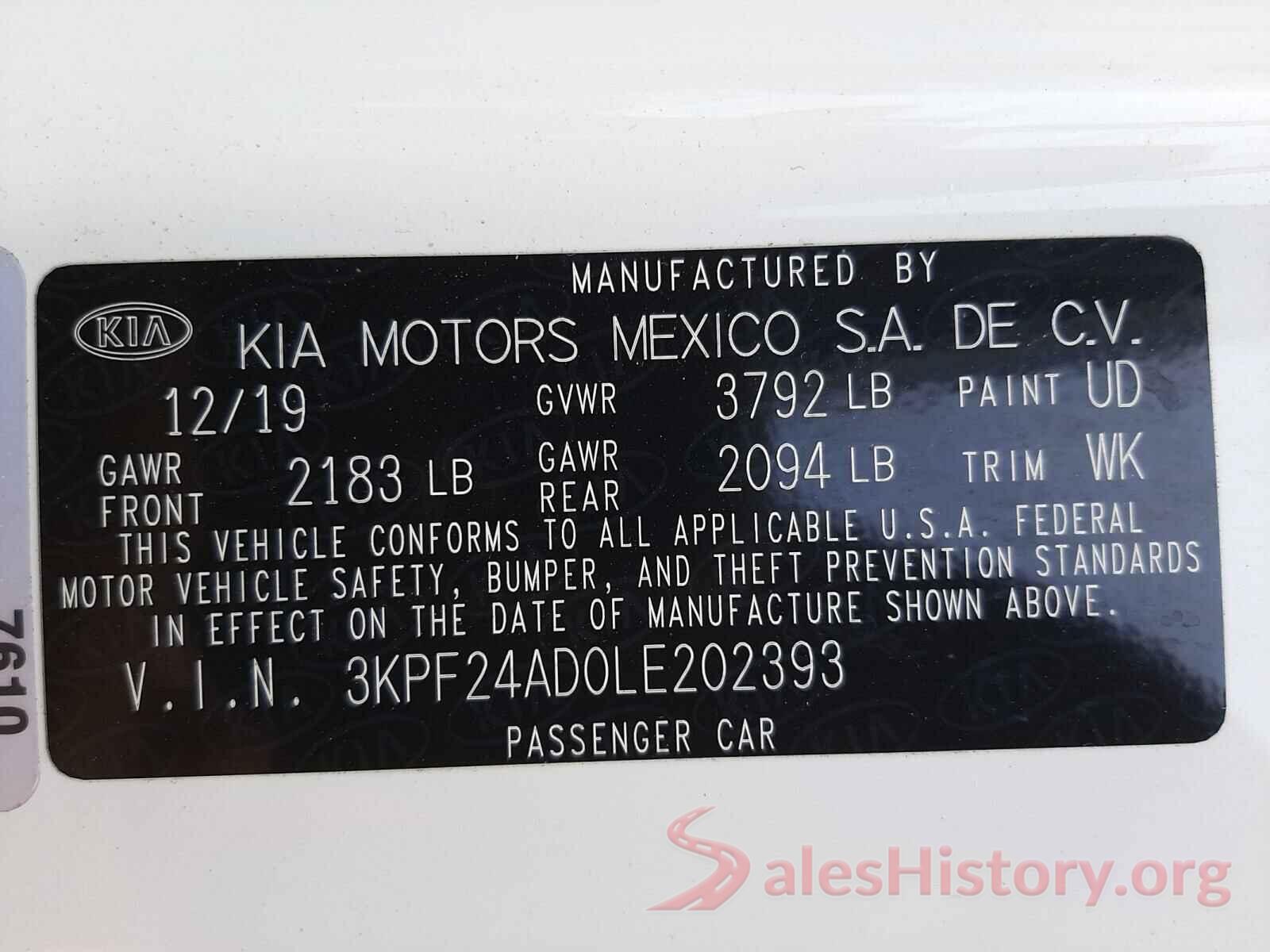 3KPF24AD0LE202393 2020 KIA FORTE