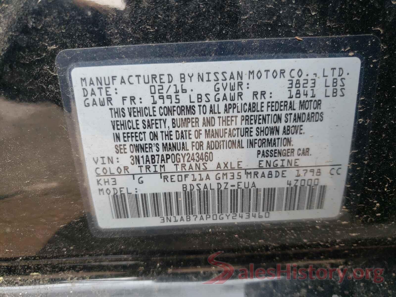 3N1AB7AP0GY243460 2016 NISSAN SENTRA