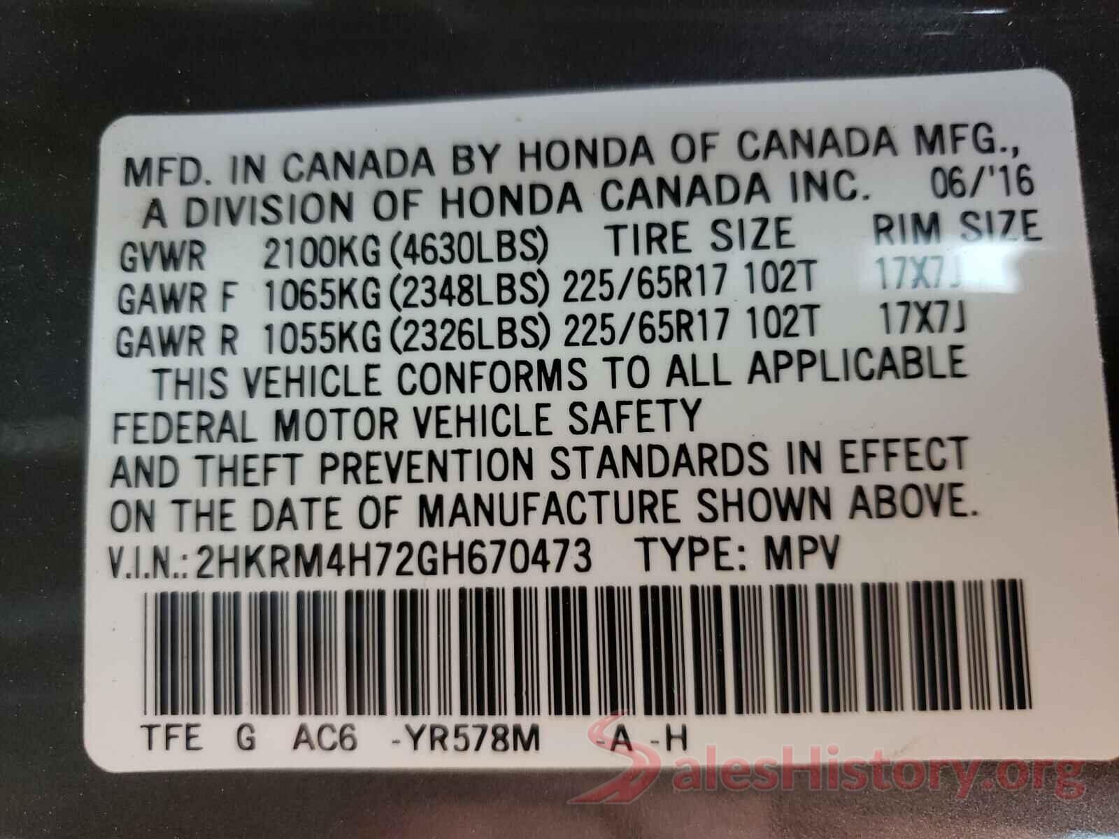 2HKRM4H72GH670473 2016 HONDA CRV