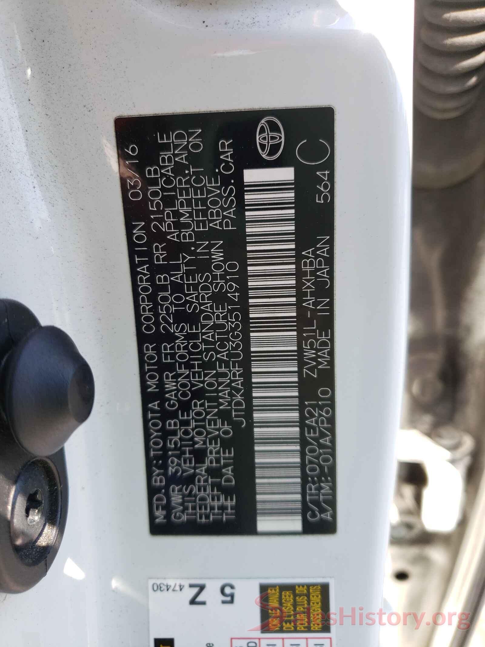 JTDKARFU3G3514910 2016 TOYOTA PRIUS