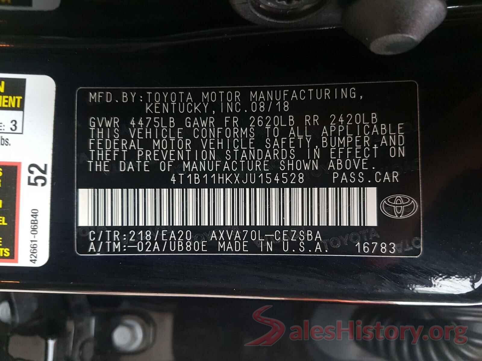 4T1B11HKXJU154528 2018 TOYOTA CAMRY