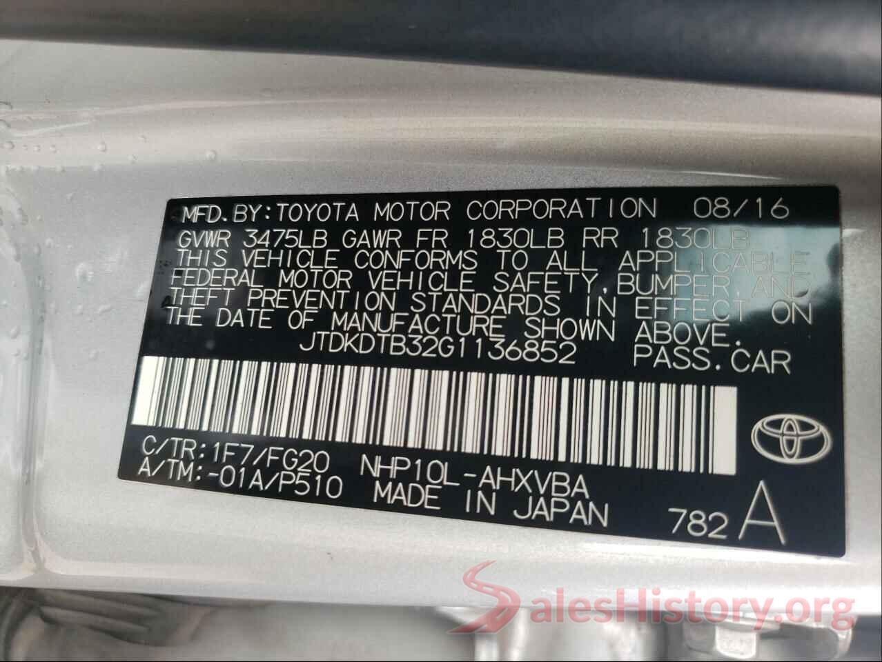 JTDKDTB32G1136852 2016 TOYOTA PRIUS