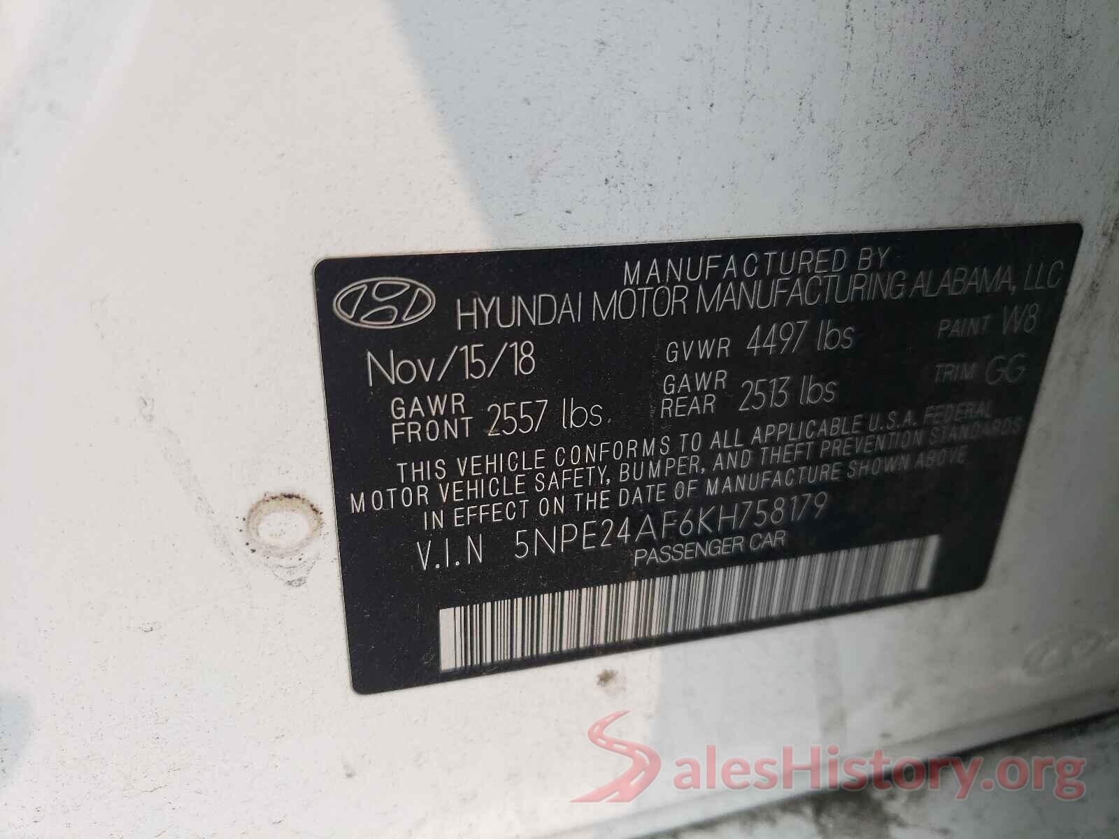 5NPE24AF6KH758179 2019 HYUNDAI SONATA