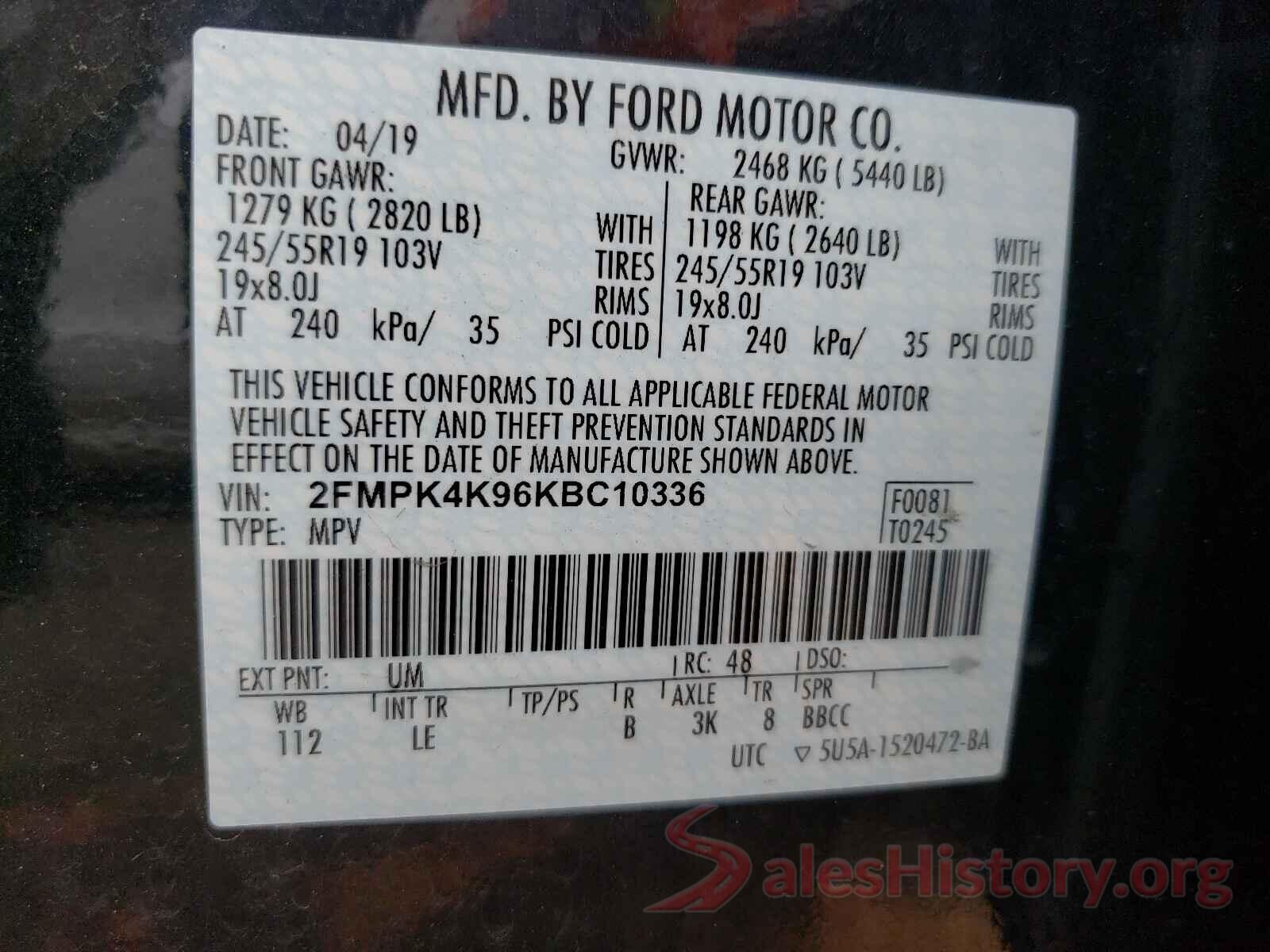 2FMPK4K96KBC10336 2019 FORD EDGE