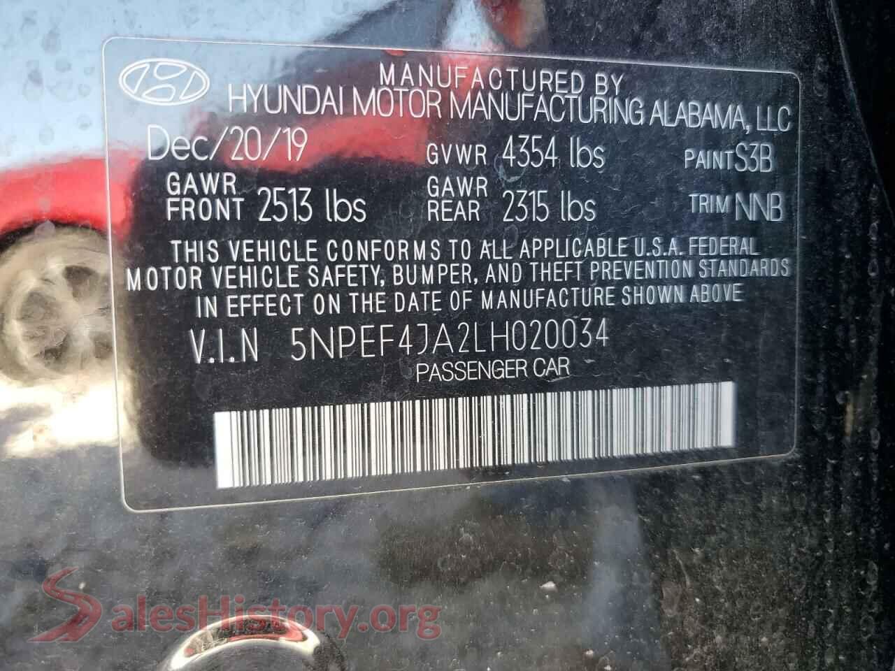 2020 HYUNDAI SONATA VIN 5NPEF4JA2LH020034, wheel and tire