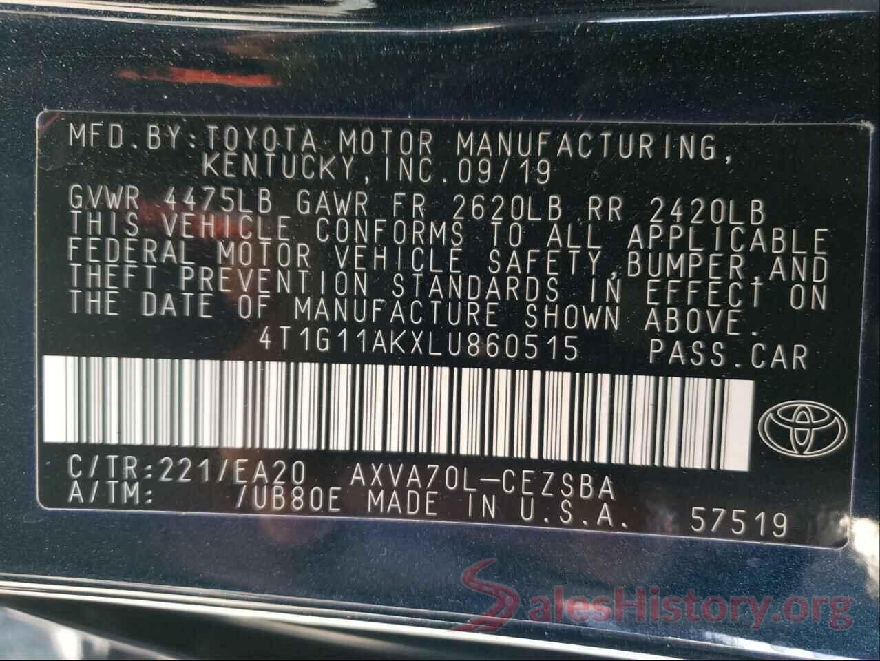 4T1G11AKXLU860515 2020 TOYOTA CAMRY