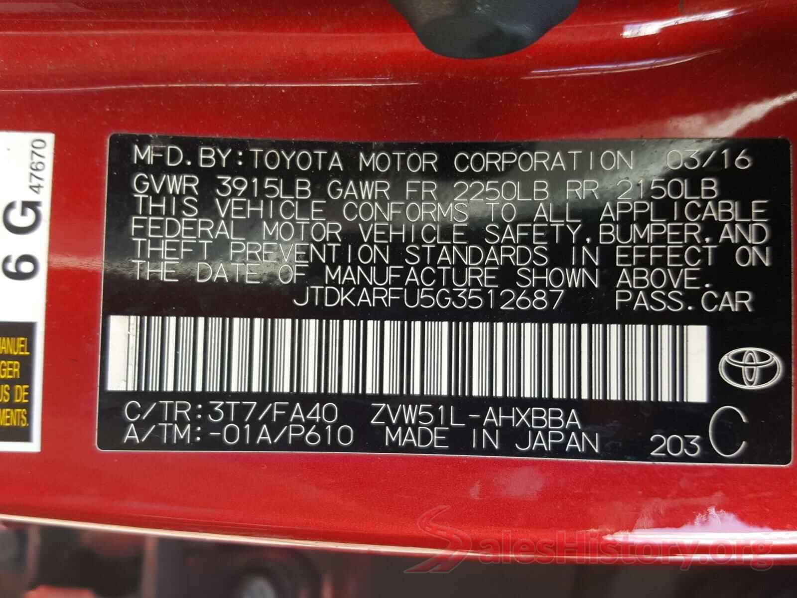 JTDKARFU5G3512687 2016 TOYOTA PRIUS