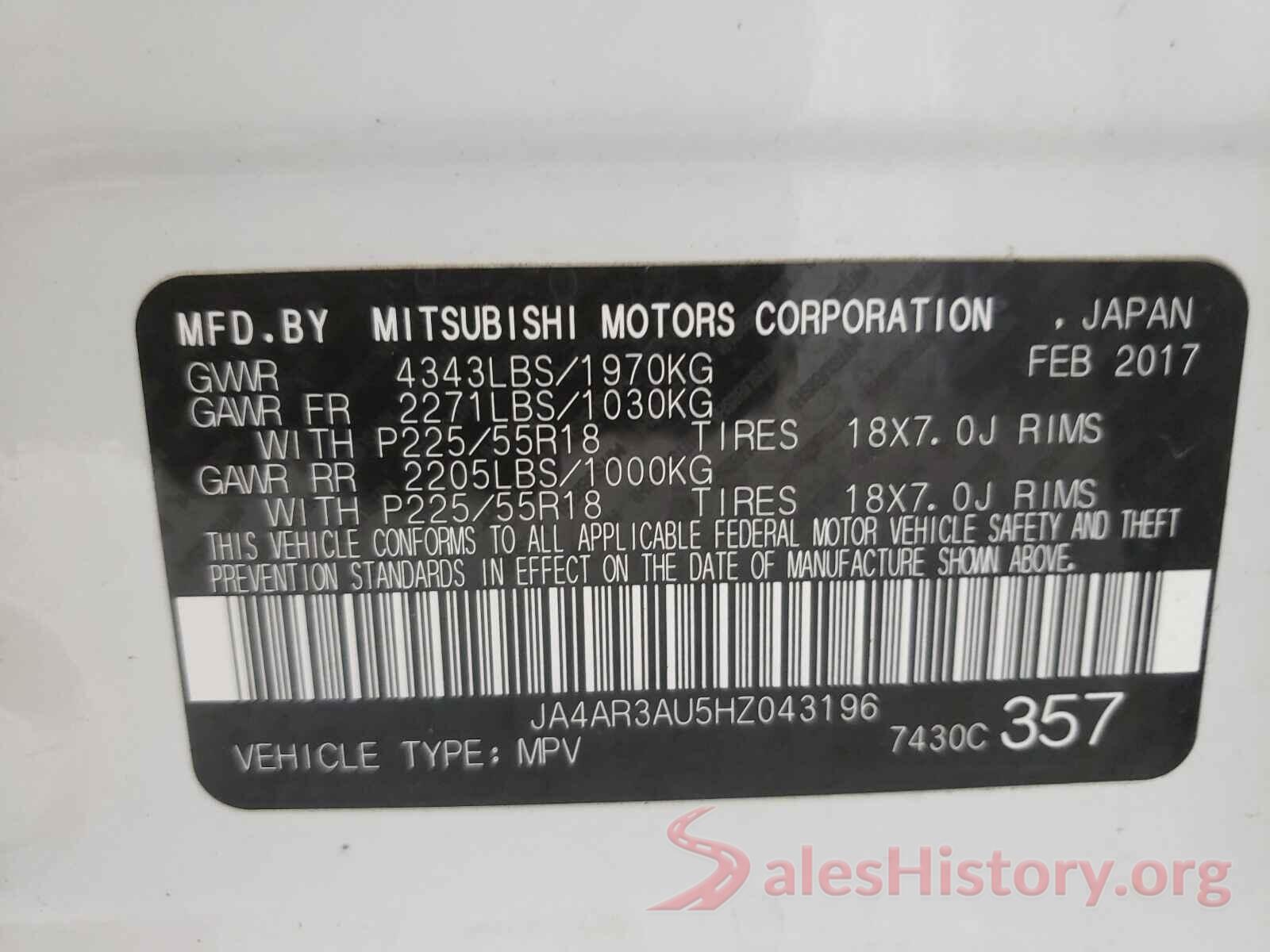 JA4AR3AU5HZ043196 2017 MITSUBISHI OUTLANDER