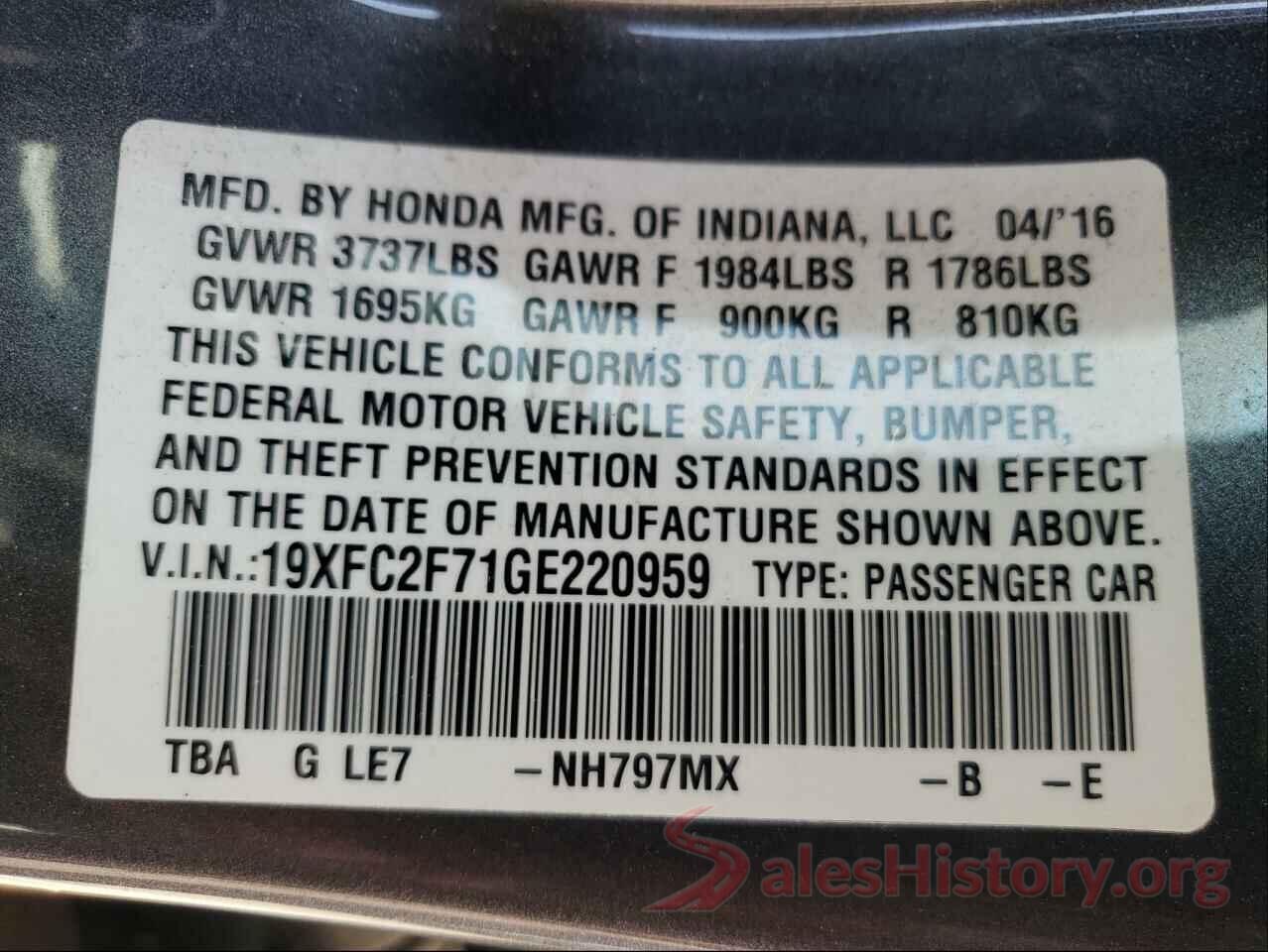 19XFC2F71GE220959 2016 HONDA CIVIC