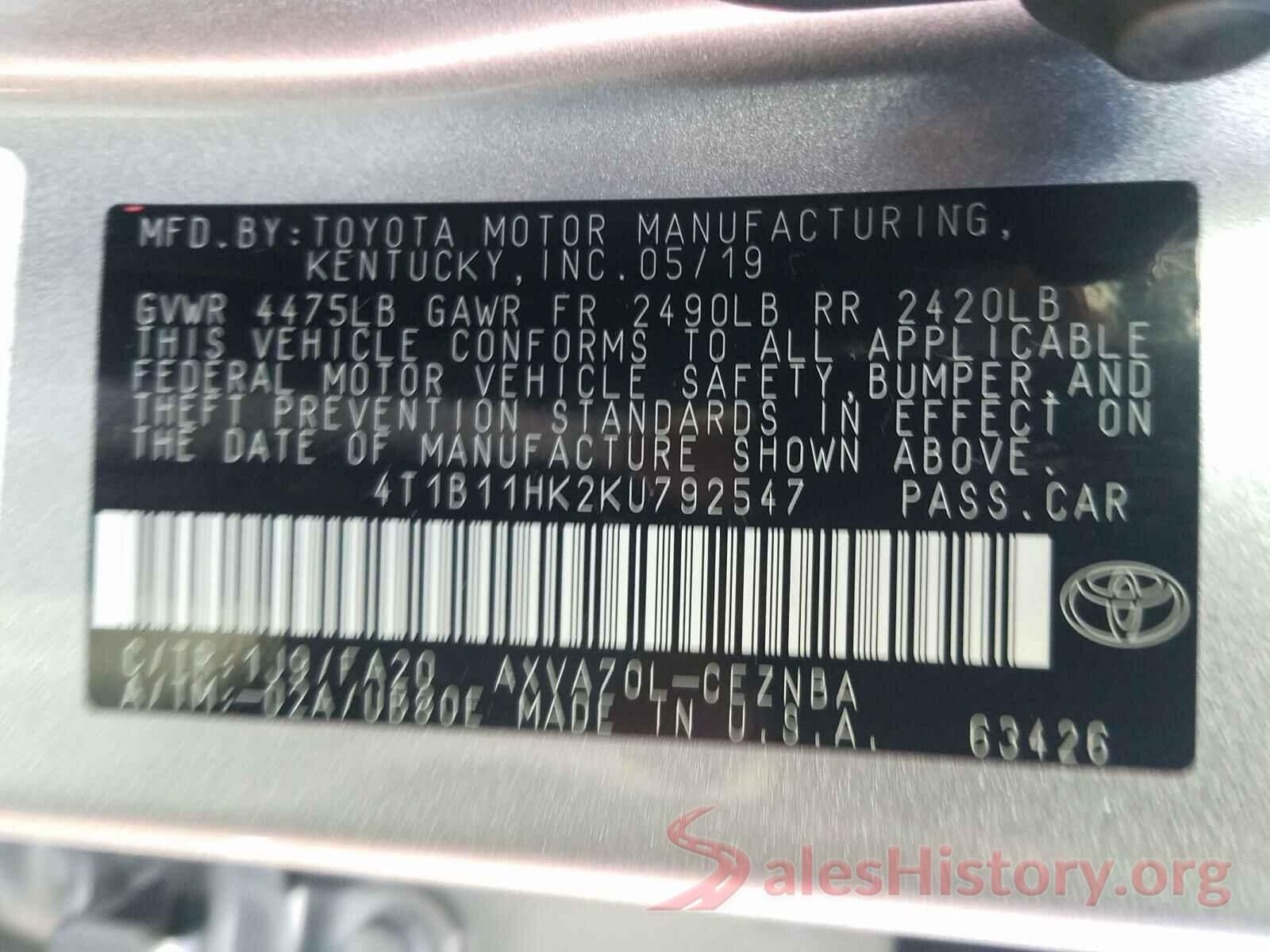 4T1B11HK2KU792547 2019 TOYOTA CAMRY