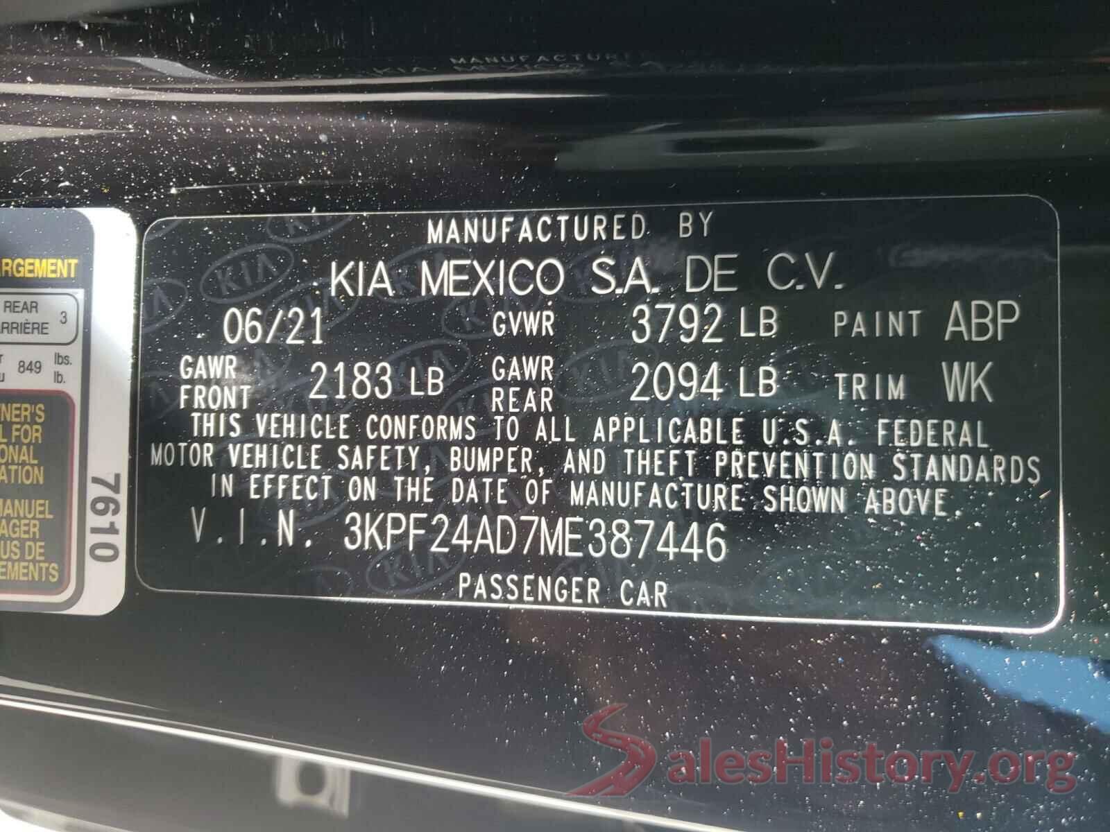 3KPF24AD7ME387446 2021 KIA FORTE