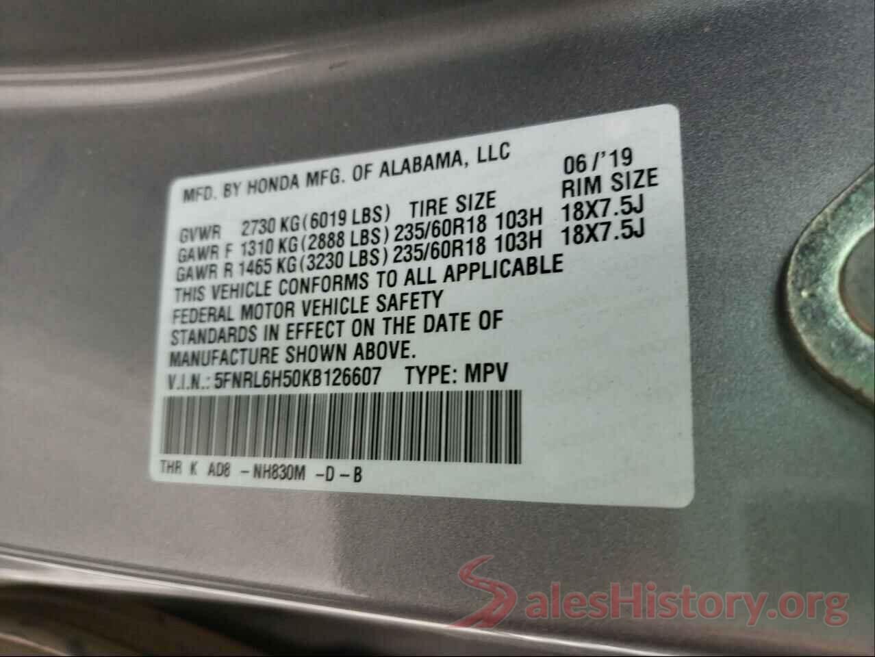 5FNRL6H50KB126607 2019 HONDA ODYSSEY