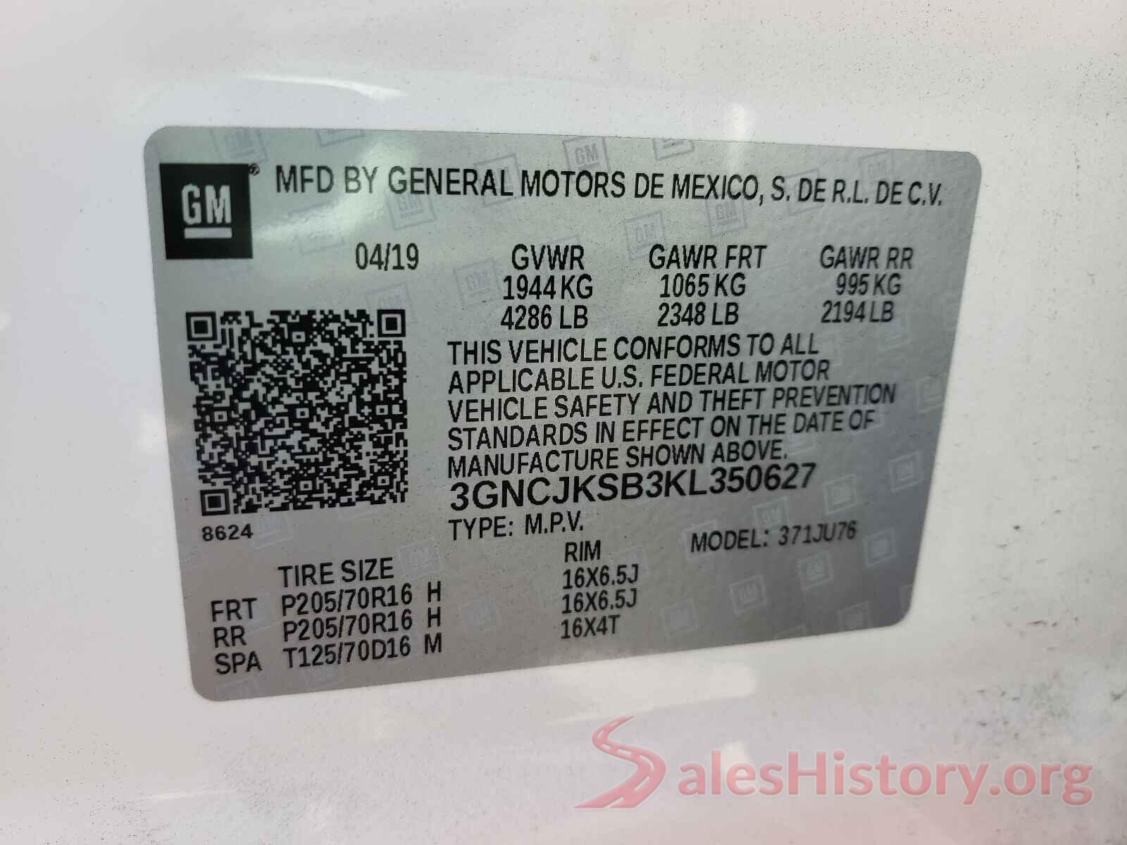 3GNCJKSB3KL350627 2019 CHEVROLET TRAX