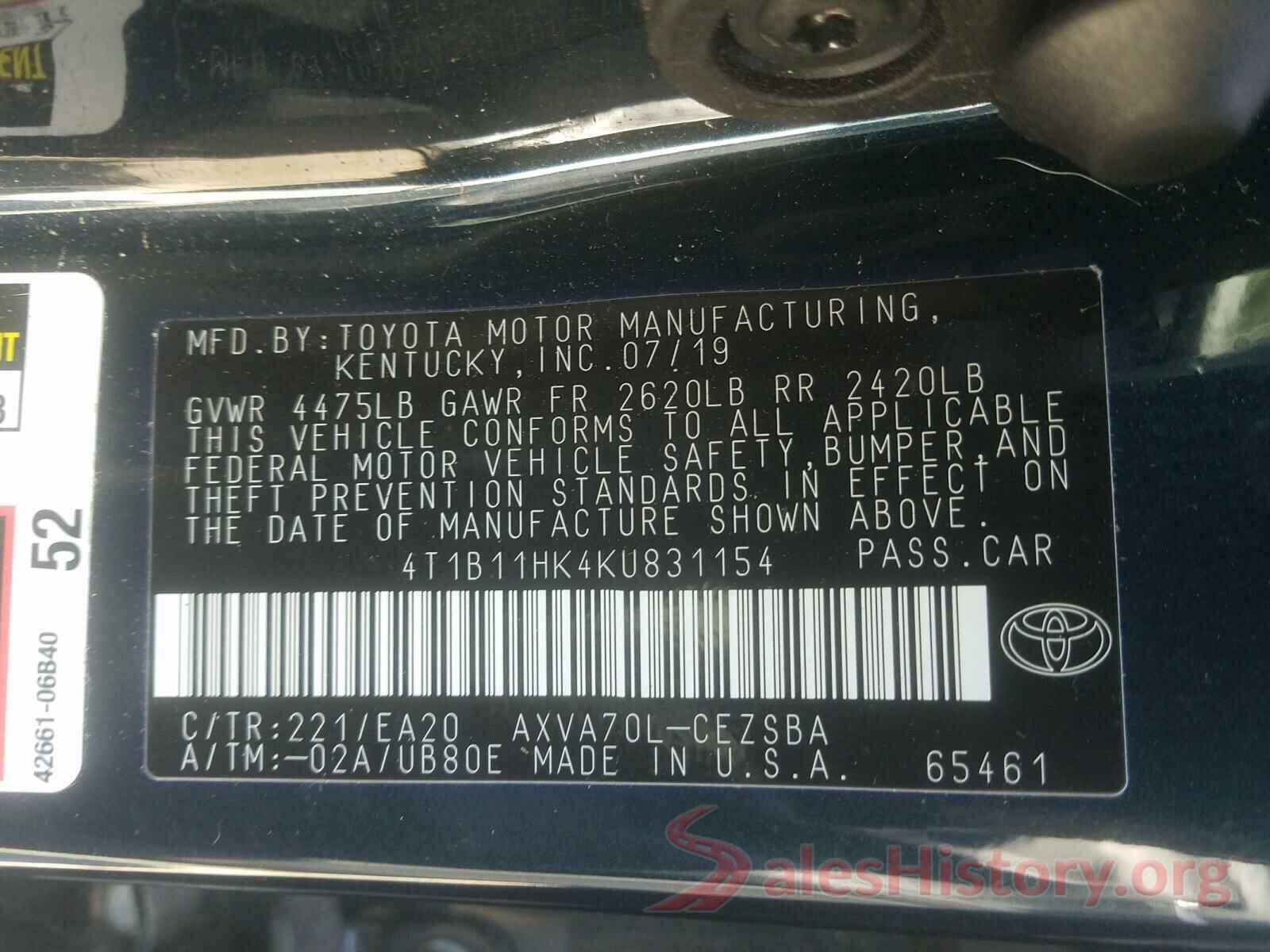 4T1B11HK4KU831154 2019 TOYOTA CAMRY