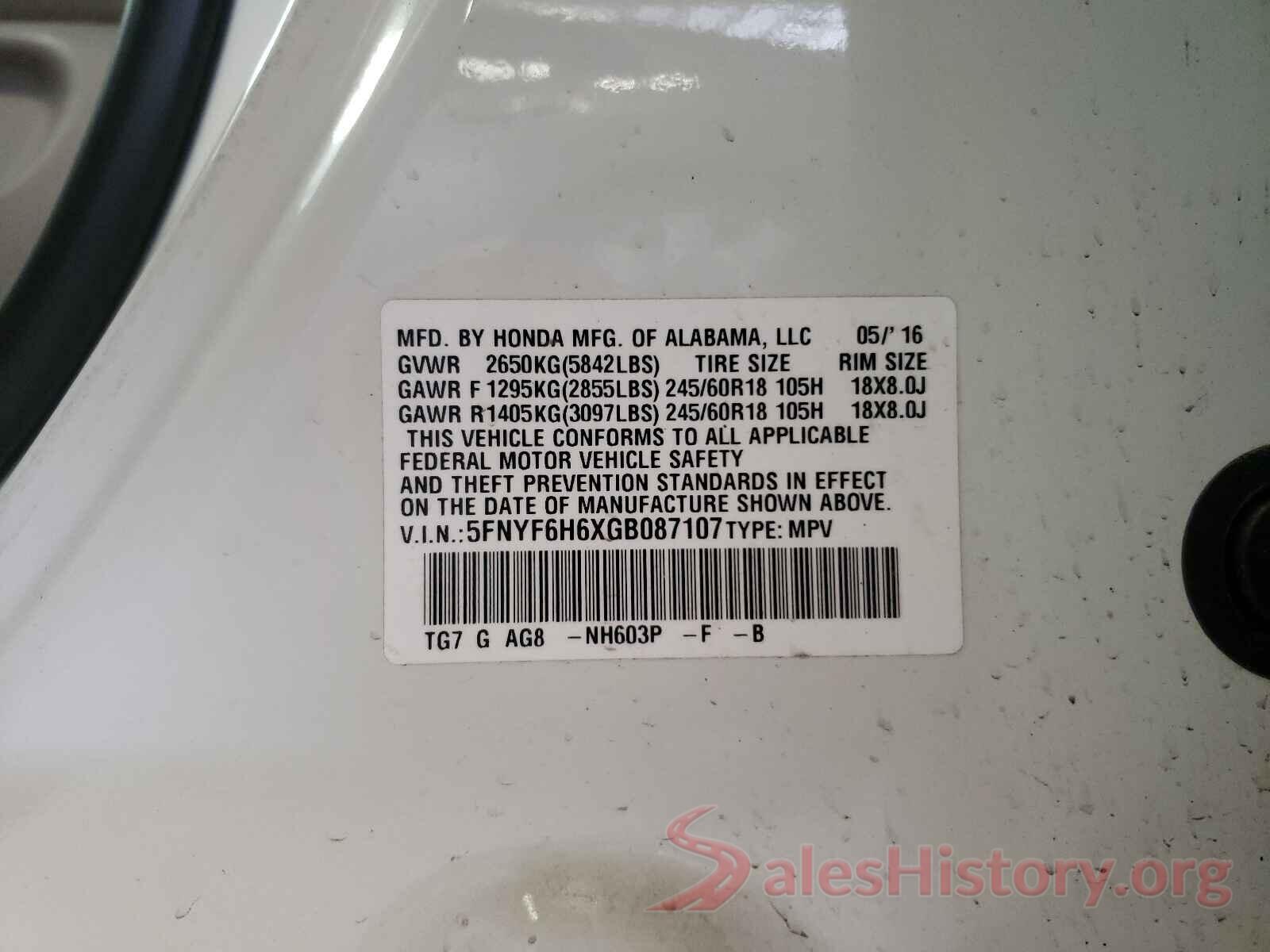 5FNYF6H6XGB087107 2016 HONDA PILOT