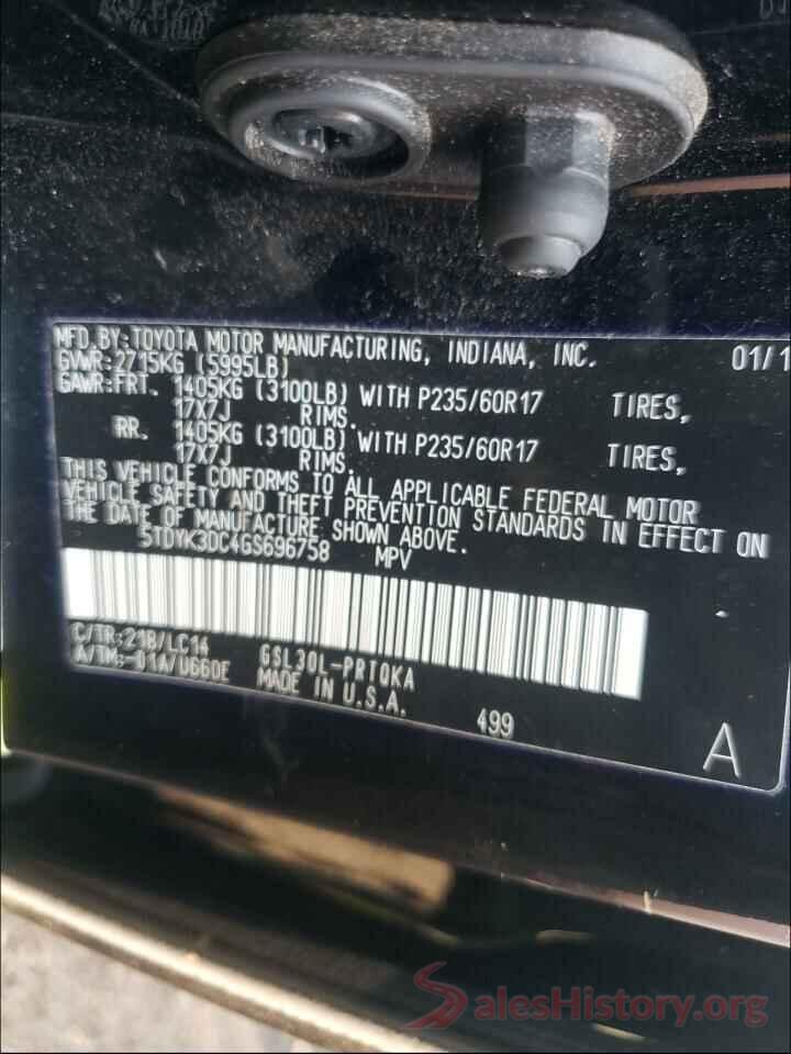 5TDYK3DC4GS696758 2016 TOYOTA SIENNA