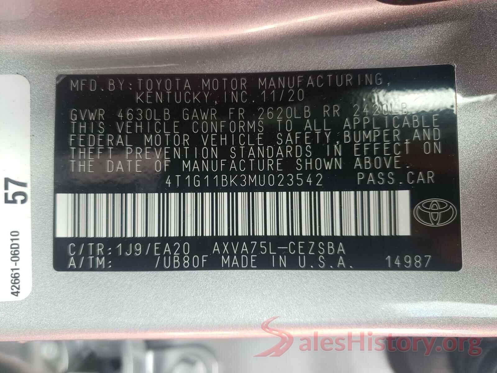 4T1G11BK3MU023542 2021 TOYOTA CAMRY