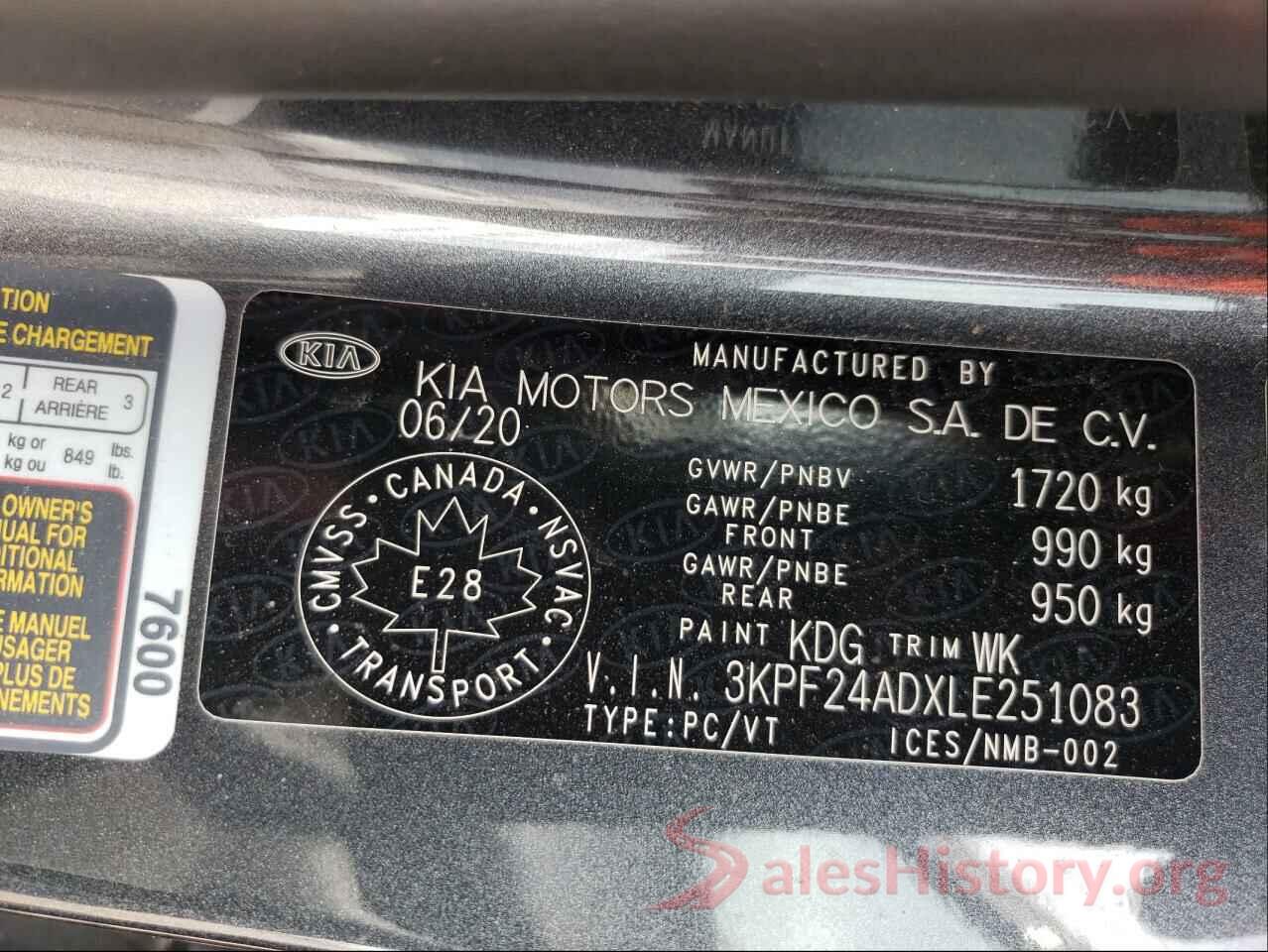 3KPF24ADXLE251083 2020 KIA FORTE