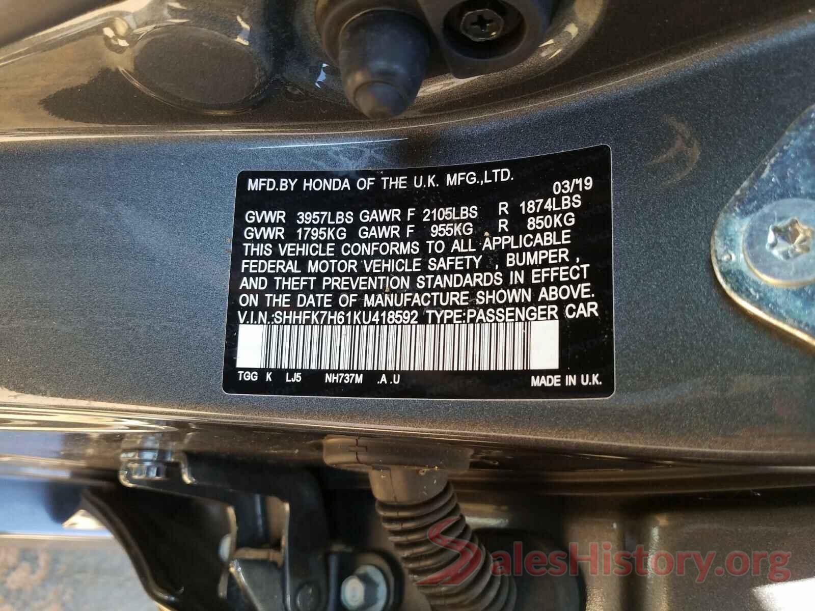 SHHFK7H61KU418592 2019 HONDA CIVIC