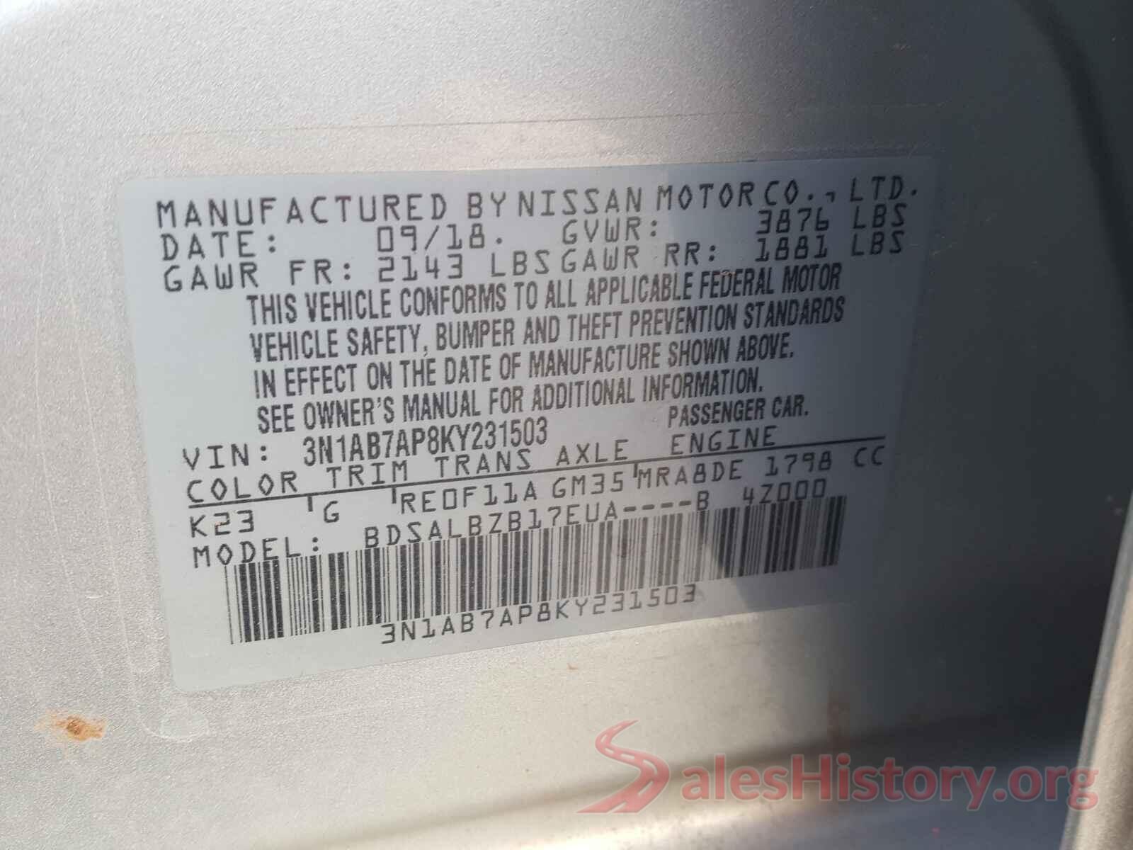 3N1AB7AP8KY231503 2019 NISSAN SENTRA