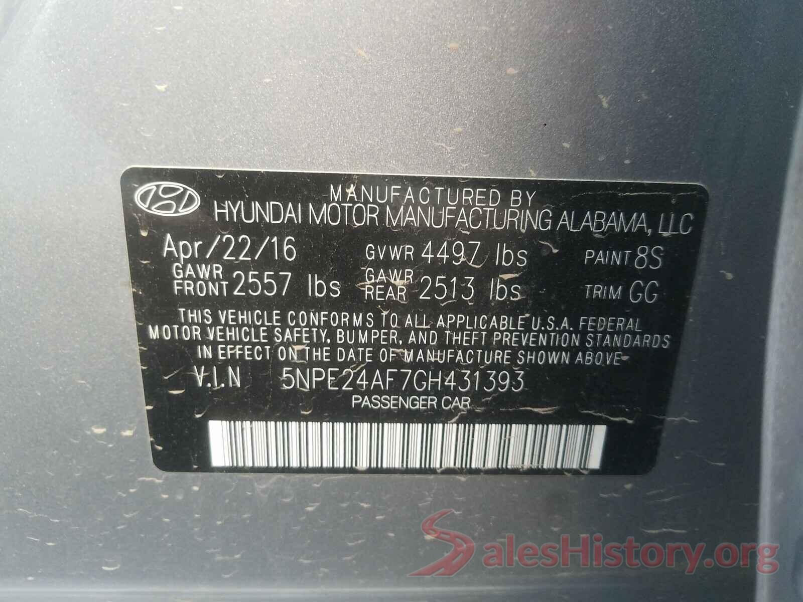 5NPE24AF7GH431393 2016 HYUNDAI SONATA