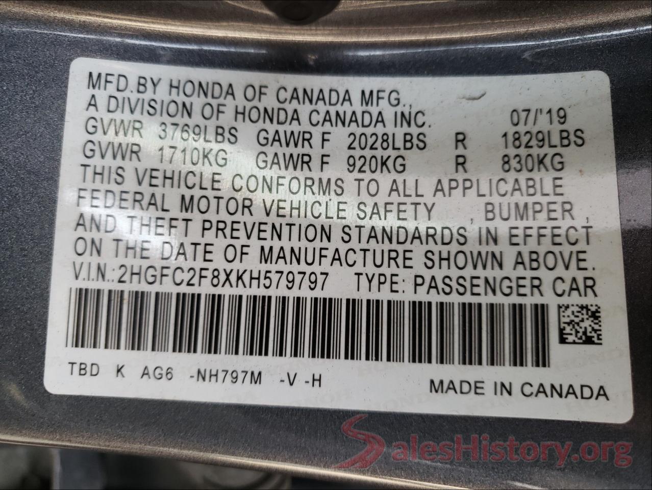 2HGFC2F8XKH579797 2019 HONDA CIVIC