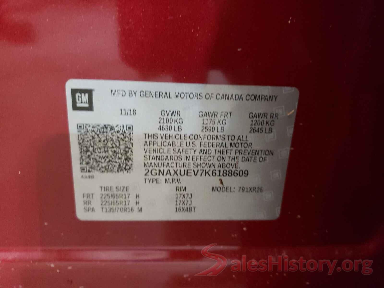 2GNAXUEV7K6188609 2019 CHEVROLET EQUINOX