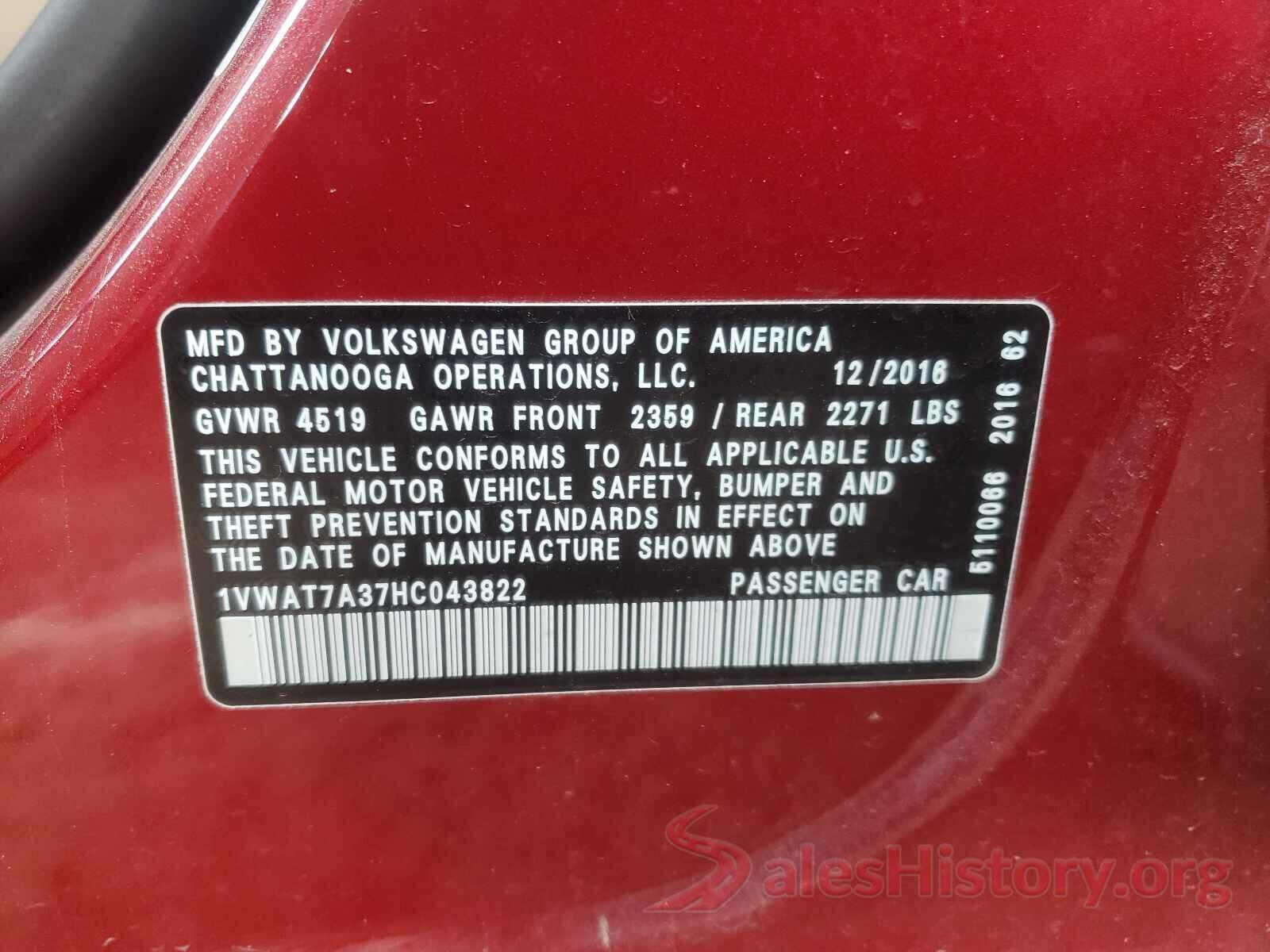 1VWAT7A37HC043822 2017 VOLKSWAGEN PASSAT