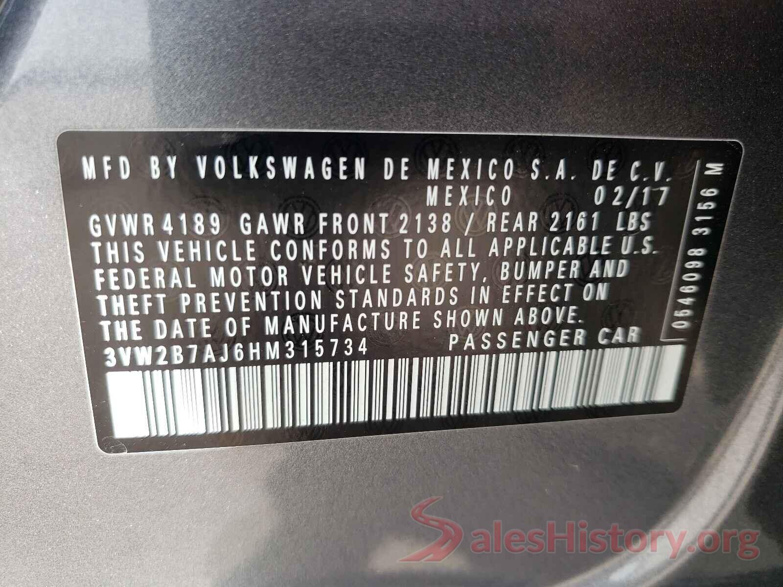 3VW2B7AJ6HM315734 2017 VOLKSWAGEN JETTA