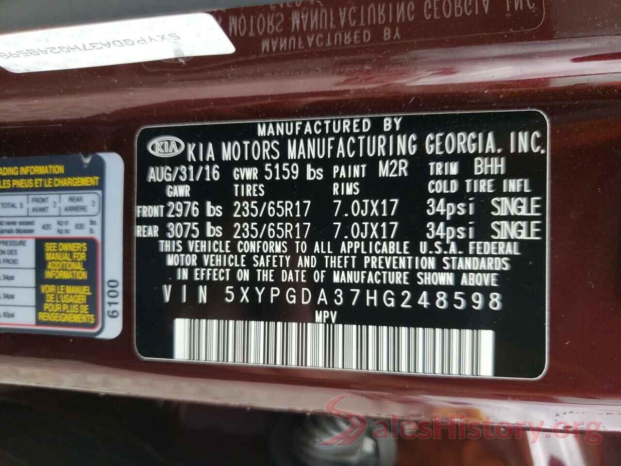 5XYPGDA37HG248598 2017 KIA SORENTO