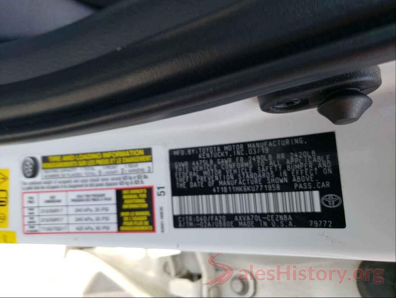 4T1B11HK6KU771958 2019 TOYOTA CAMRY