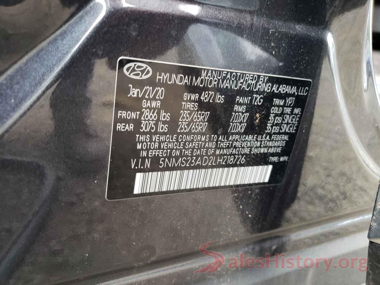 5NMS23AD2LH218726 2020 HYUNDAI SANTA FE