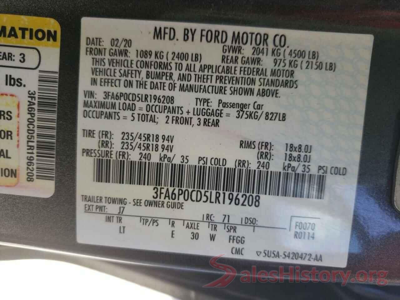 3FA6P0CD5LR196208 2020 FORD FUSION