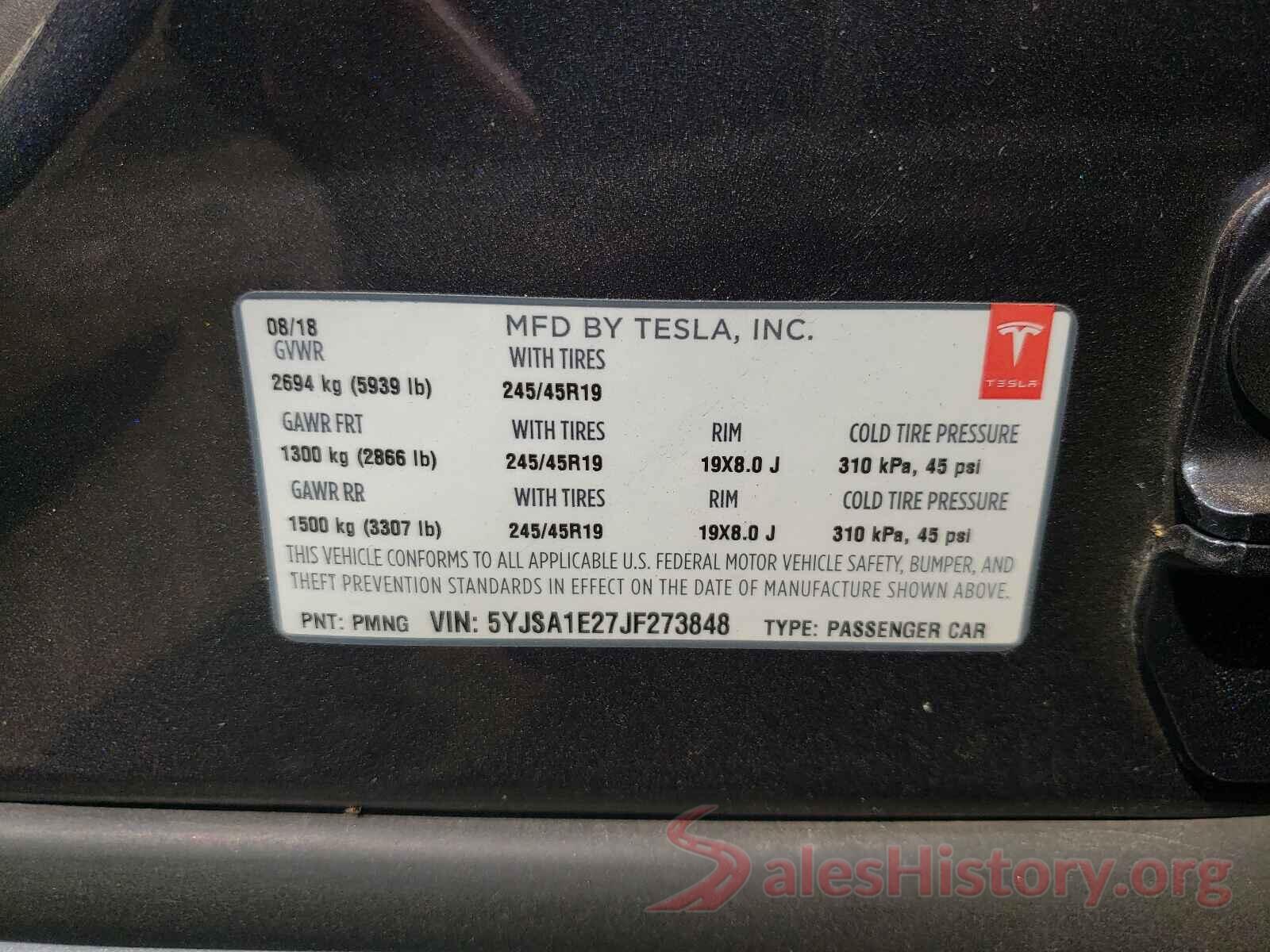 5YJSA1E27JF273848 2018 TESLA MODEL S