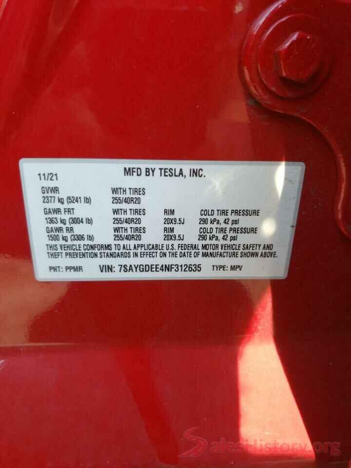 7SAYGDEE4NF312635 2022 TESLA MODEL Y