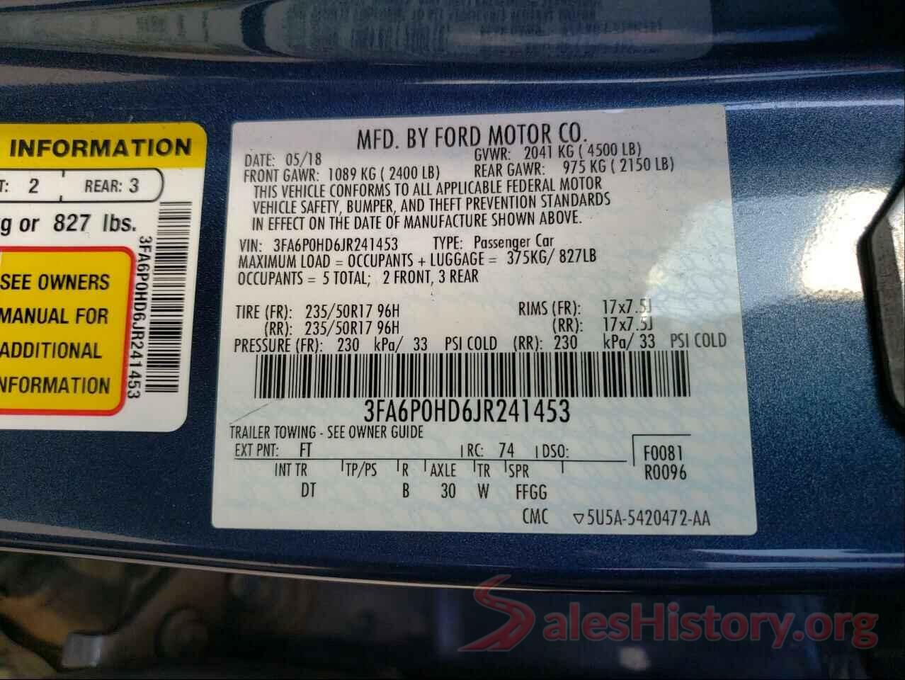 3FA6P0HD6JR241453 2018 FORD FUSION